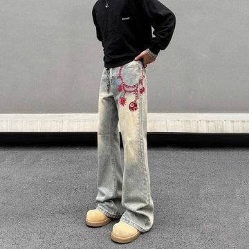 American retro men and women trend personalized embroidered straight leg washed jeans couple spring and autumn casual pants y2k